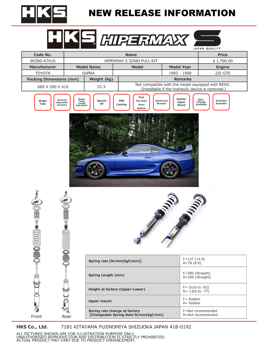 HKS Hipermax S Coilovers Full Kit 93-98 Toyota Supra JZA80 – Moe