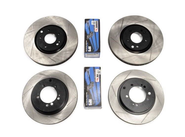 Stoptech x Hawk Performance Slotted Front & Rear Rotors/Pads Brake Package 08-15 Mitsubishi Evo X